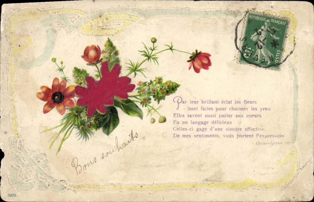 Bouquet de fleurs — illustration colorée — éditeur Grandjean, n° 3329 - Frente
