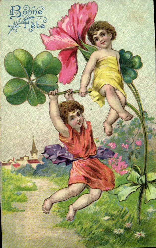 Zwei Kinder spielen auf einer Blume — Bonne Fête — Postkarte - Vorderseite