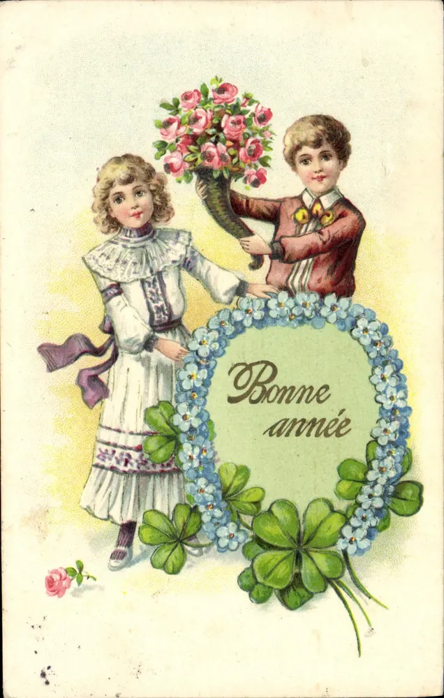 Kinder mit Blumenstrauß — Frohes Neues Jahr — Multisprachige Ansichtskarte - Vorderseite