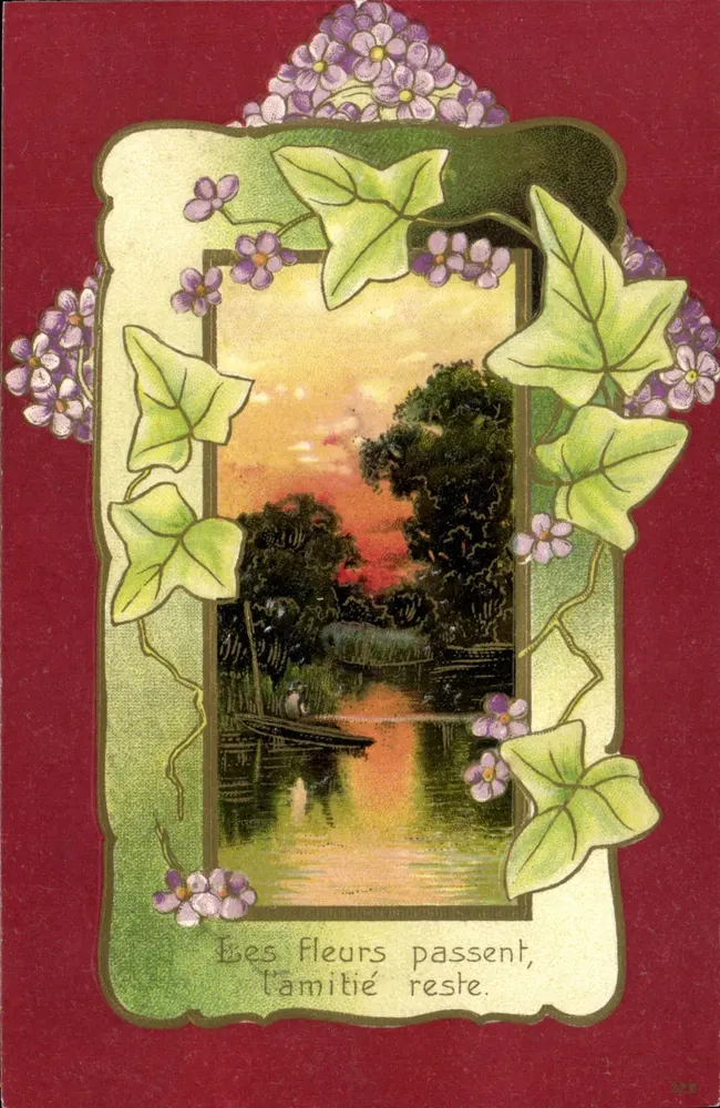 Paisagem de rio ao pôr do sol — 'As flores passam, a amizade permanece.' - Frente