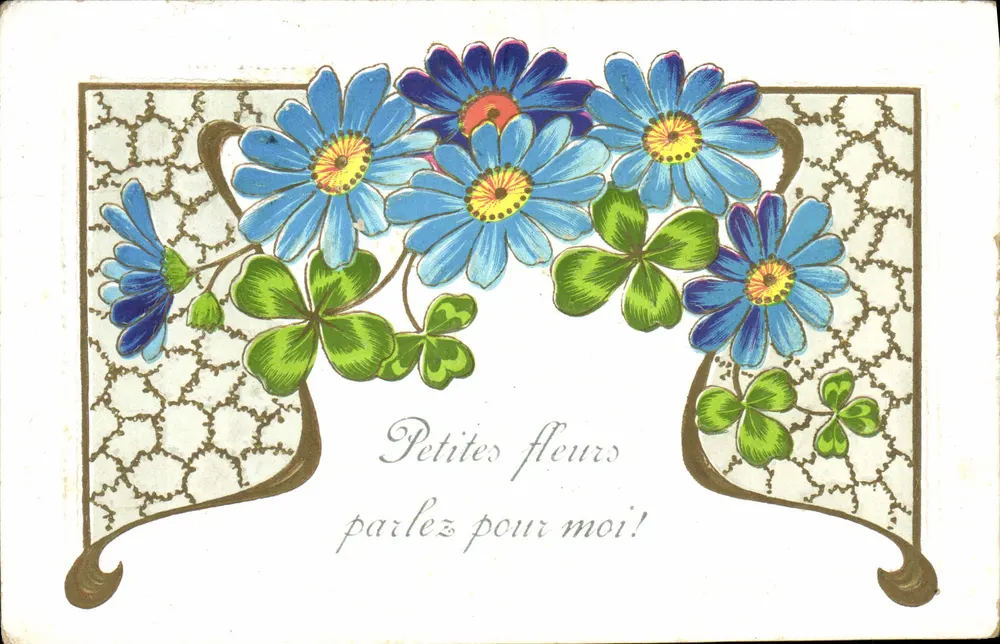 Blue flowers and clover — 'Little flowers, speak for me!' — no publisher or number visible - Front