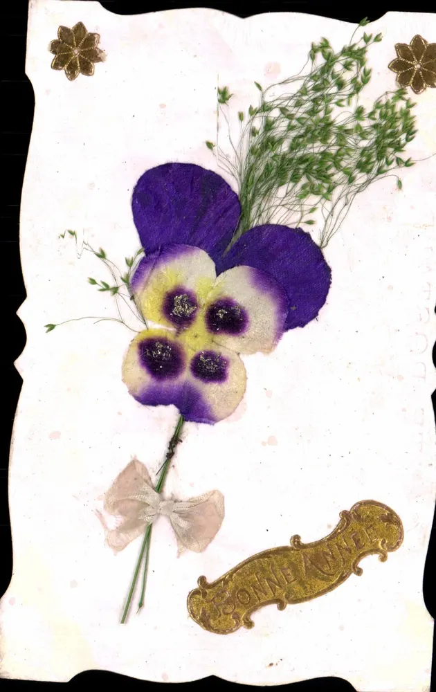Blauwe bloem en bladwerf — decoratie met lint en gouden plaat — onbekende uitgever - Voorkant