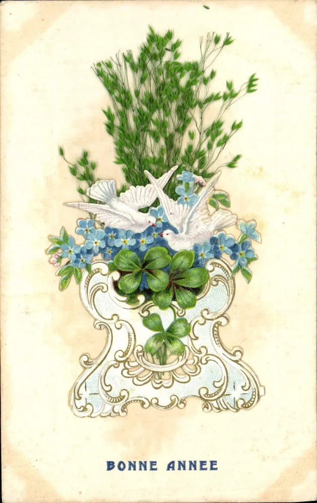Arranjo de flores e pombas — Boa Ano — Carta postal francesa - Frente