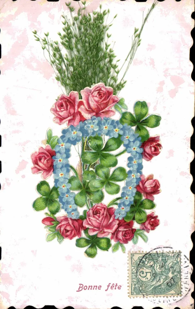 Bouquet de roses et de trèfles — Bonne fête — Éditeur inconnu, n° de série non visible - Recto
