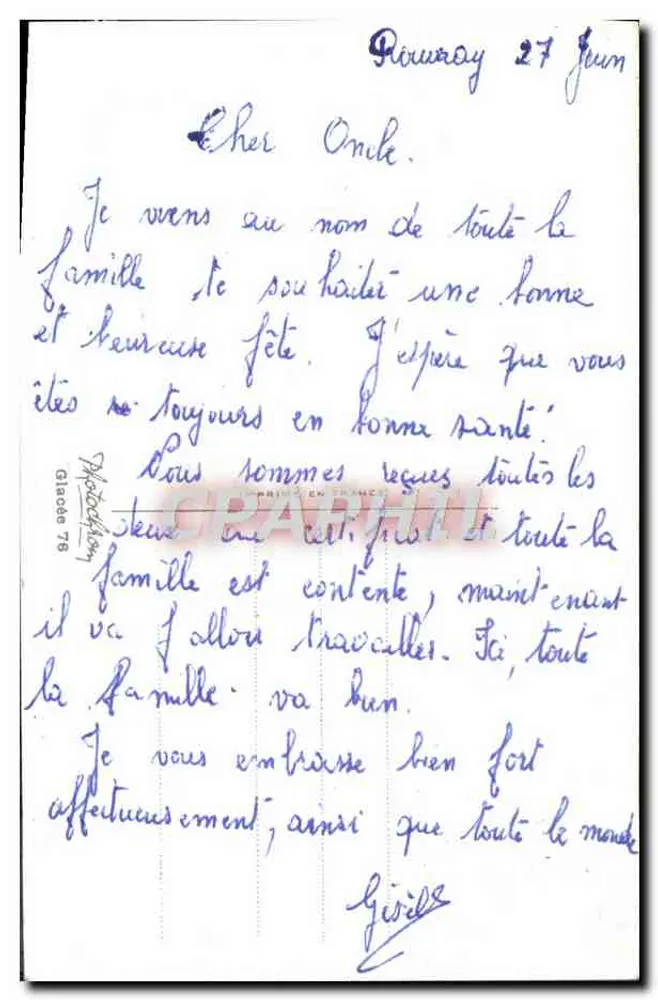 Buquê de ciclaminas — Boa festa — Carta postal com mensagem manuscrita - Verso