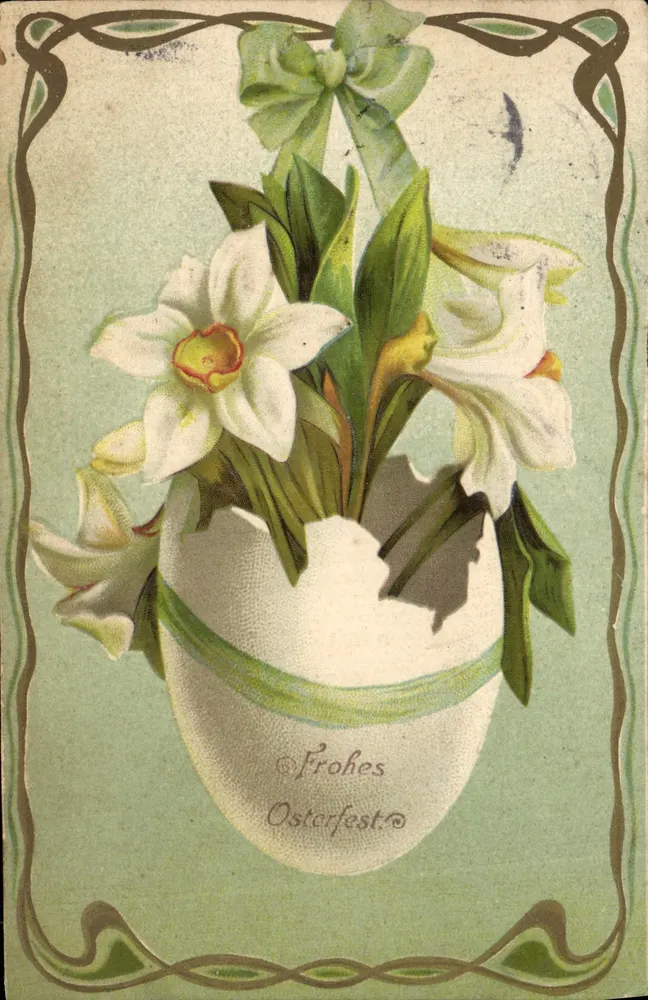 Flores de verão em um ovo — texto impresso 'Frohes Osterfest' — editor não identificado - Frente