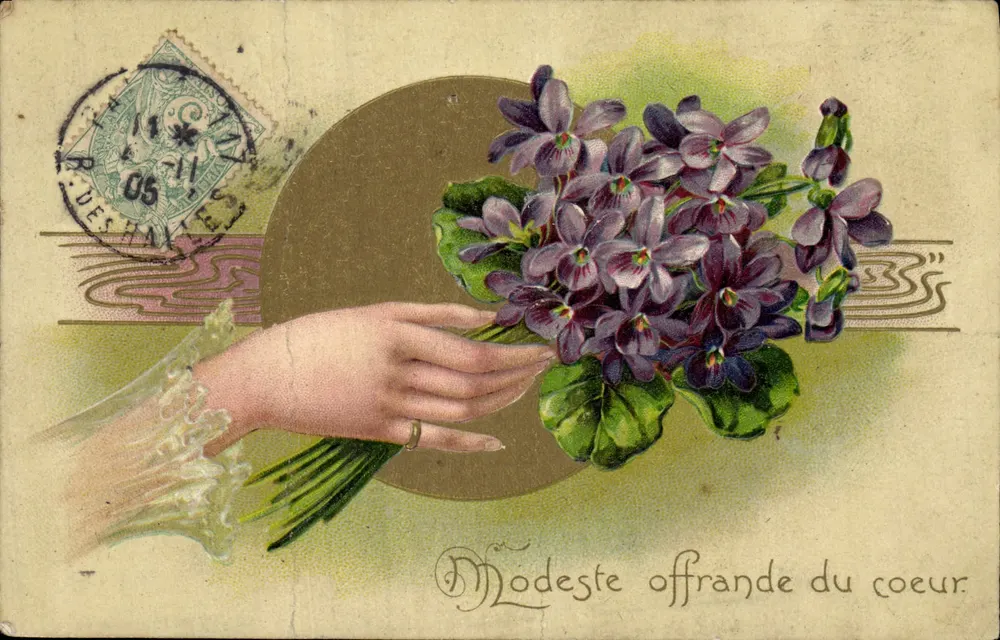 Main offrant un bouquet de violettes — 'Modeste offrande du coeur' — éditeur PF, série 5559 - Frente