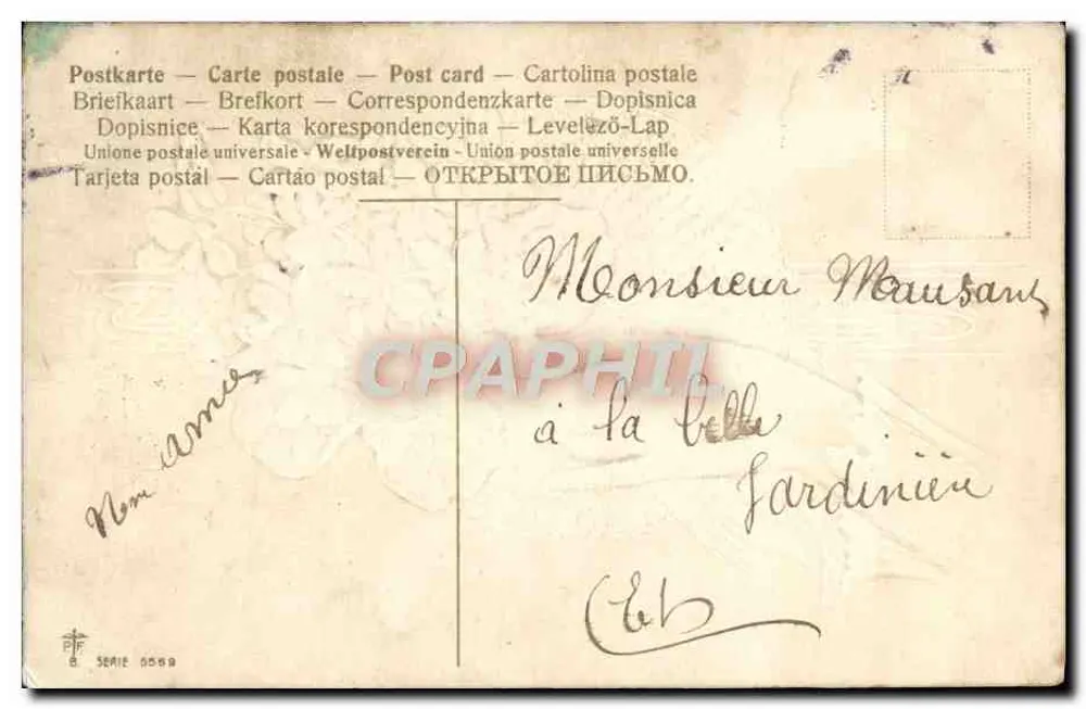 Main offrant un bouquet de violettes — 'Modeste offrande du coeur' — éditeur PF, série 5559 - Verso
