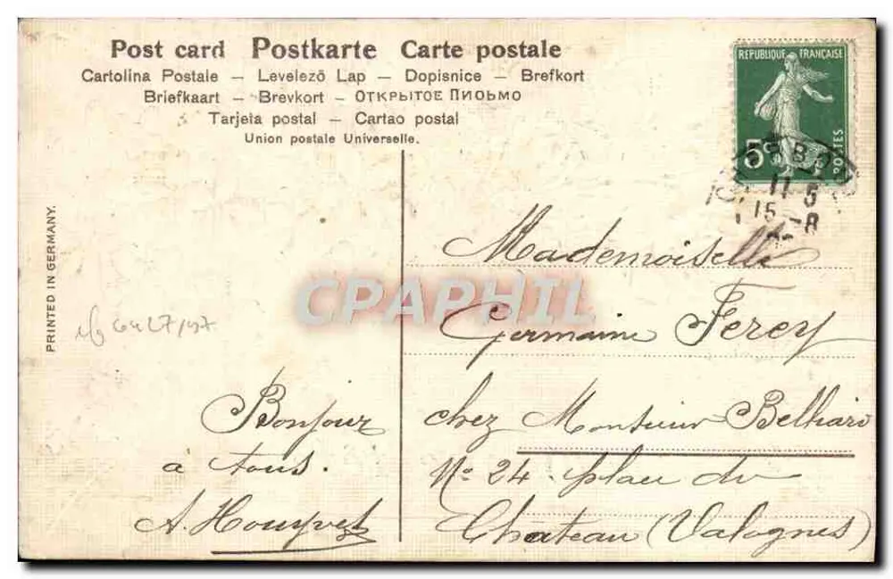 Bouquet de roses et de violettes — Bonne fête — Imprimé en Allemagne, n° SEN715 - Achterkant