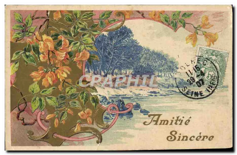 Paysage fluvial — vue encadrée par des branches fleuries — éditeur anonyme, n° de série non visible - Frente