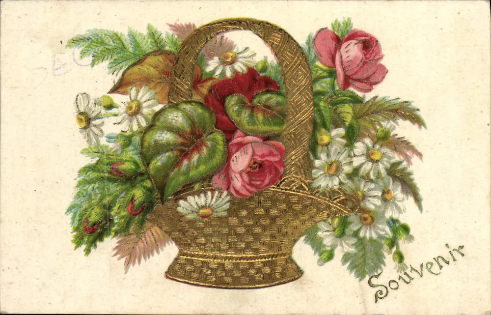 Arranjo de flores em um cesto — Lembrete — Carta postal multilíngue - Frente