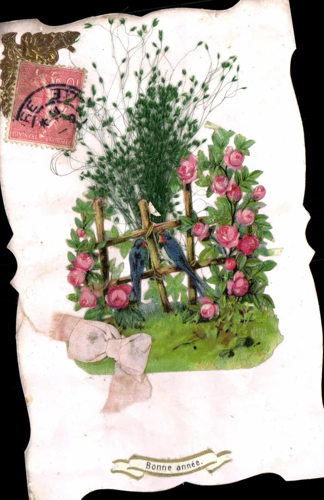 Jardin de roses et oiseaux — Bonne année — Éditeur inconnu, n° de série non visible - Recto