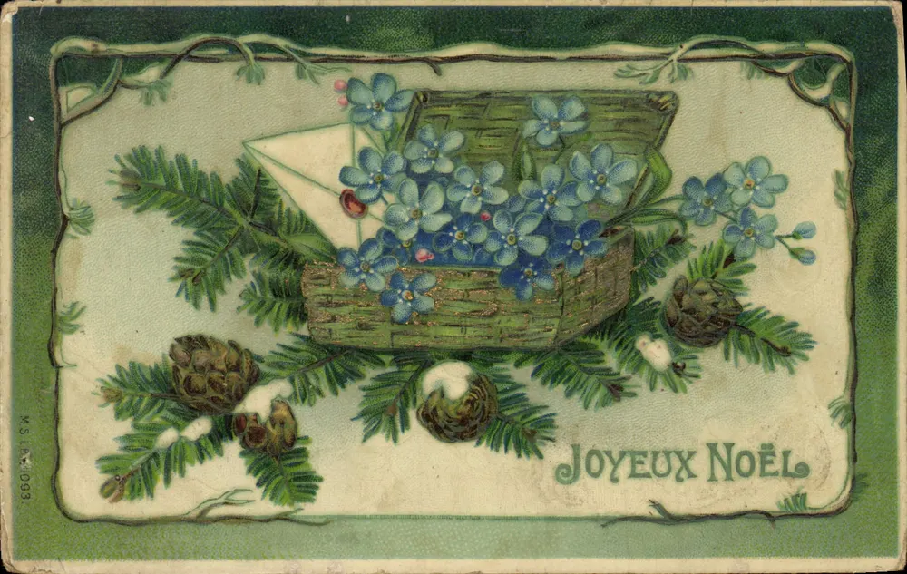 Bouquet de fleurs bleues et cônes de sapin — Joyeux Noël — éditeur W.S. A. 093 - Recto