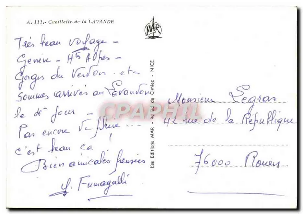 Colheita da Lavanda — As Alpes - Les Éditions MAR - NICE - n° A.111 - Verso