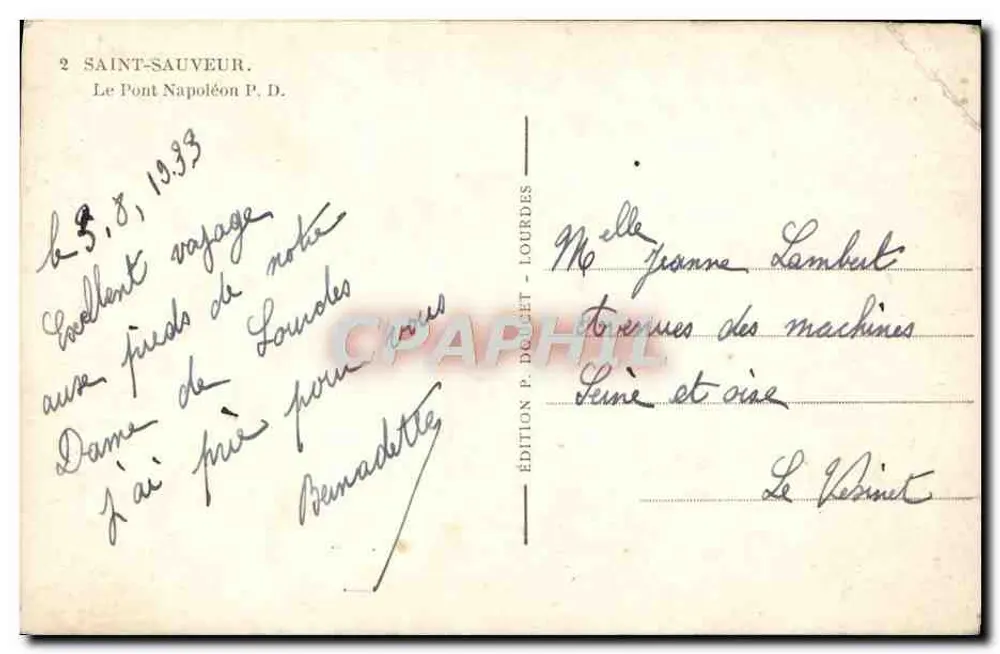 Saint-Sauveur — Le Pont Napoléon — Édition P. Doucet, Lourdes - Verso