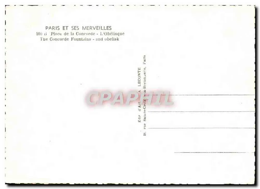 Place de la Concorde — Obélisque e Fontaines — Editor LECONTE, Paris - Verso