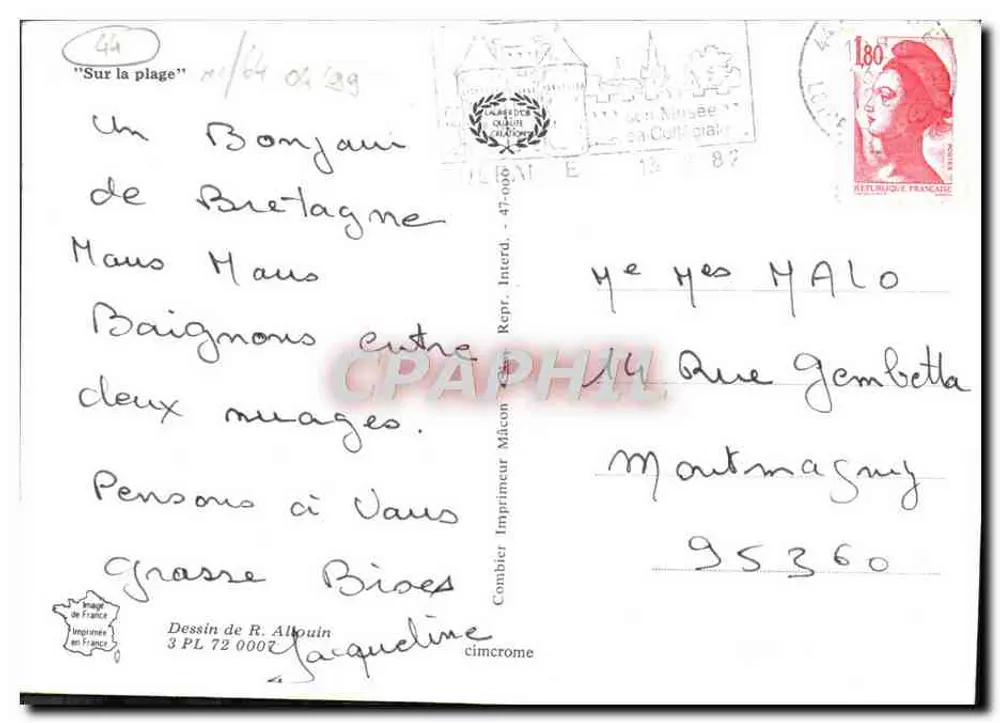 Słoneczny dzień — Kąpiel, swoboda, niezbyt wiele zmartwień — rysunek R. Alkouina, drukarz Mâcon - Rewers