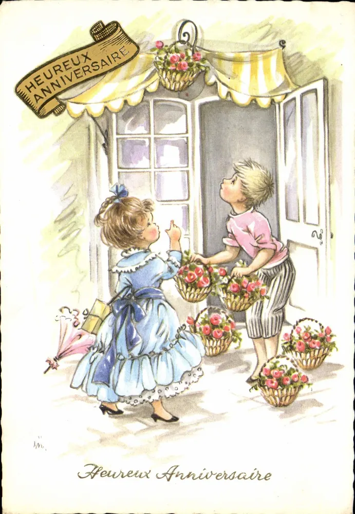 Crianças com cestas de flores — Feliz Aniversário — desenho assinado 'M.' - Frente