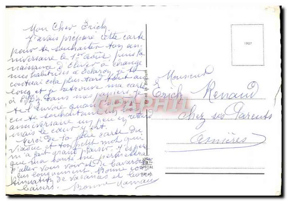 Crianças com cestas de flores — Feliz Aniversário — desenho assinado 'M.' - Verso