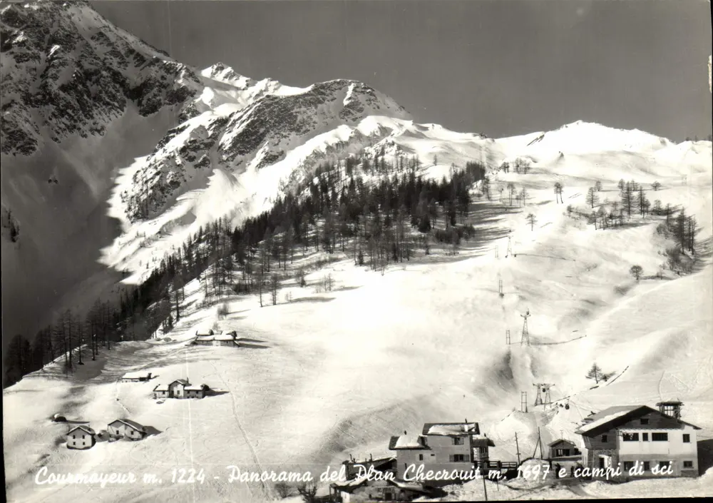 Courmayeur m. 1224 — Panorama do Plan Checrouit m. 1697 e campos de esqui — Ed. S.A.C.A.T. n° 03105 - Frente