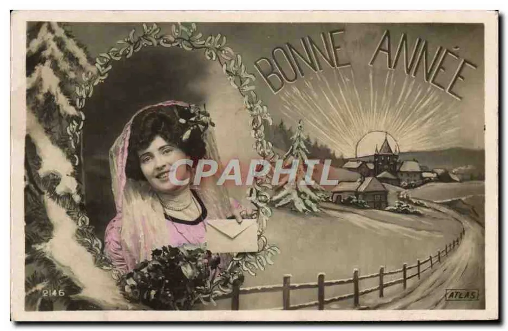 Frau in rosa Kleid und Schleier — Frohes Neues Jahr — Atlas Nr. 2146 - Vorderseite
