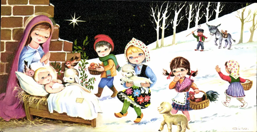 Nacht der Geburt im Winter — WeihnachtsSzene mit Kindern und Tieren — Gino - Vorderseite