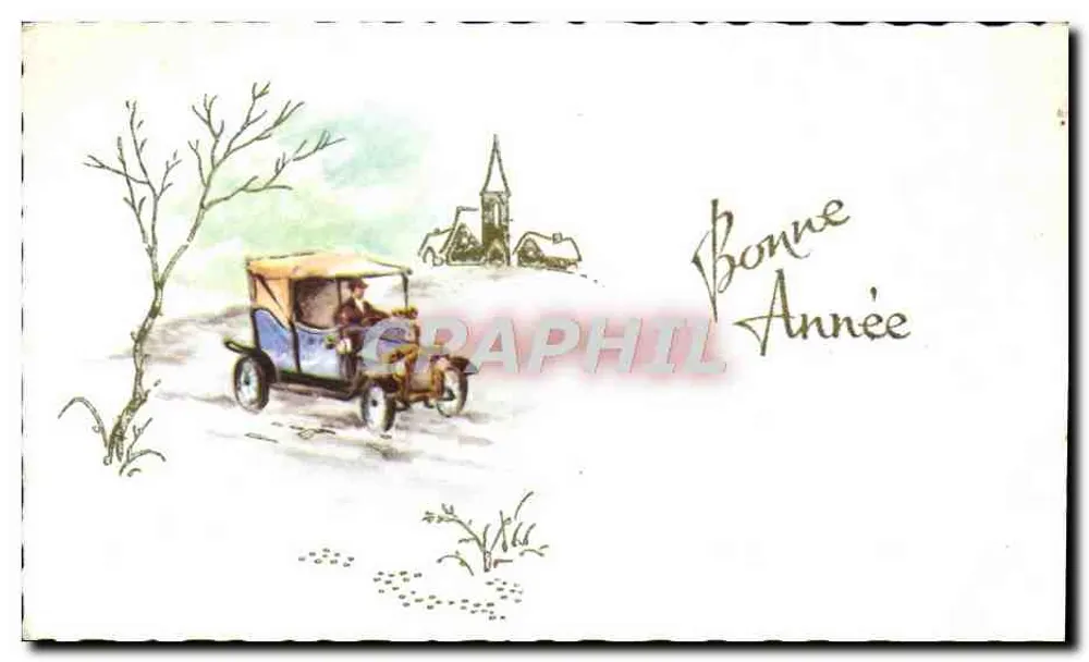 Voiture ancienne — scène hivernale avec église — éditeur Graphphil - Frente