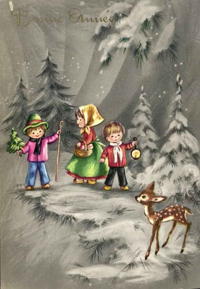 Enfants et cerf dans la forêt enneigée — Bonne Année — éditeur Becamu n°4746 - Frente