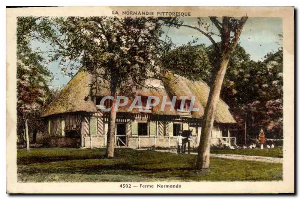 Ferme Normande — maison à colombages et toit de chaume — Éditions Normandes Le Goubey - Recto
