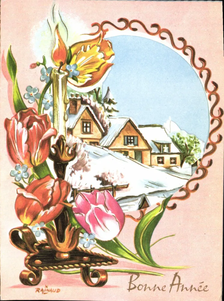 Vila nevada — cartão de boas-vindas com tulipas e vela — Rainaud - Frente