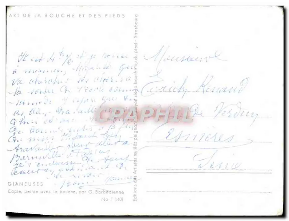 Colhedoras — Pintura com a boca — G. Barbédiennne, No F 1401 - Verso