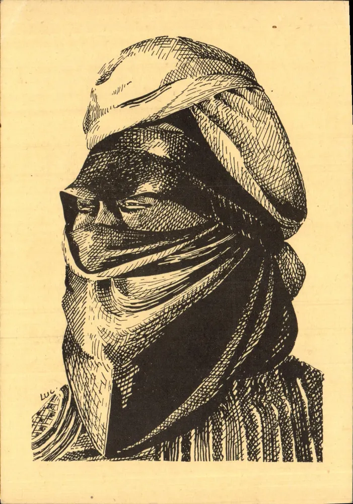 Retrato de um homem com turbante — gravura assinada 'Luc' — carta postal - Frente