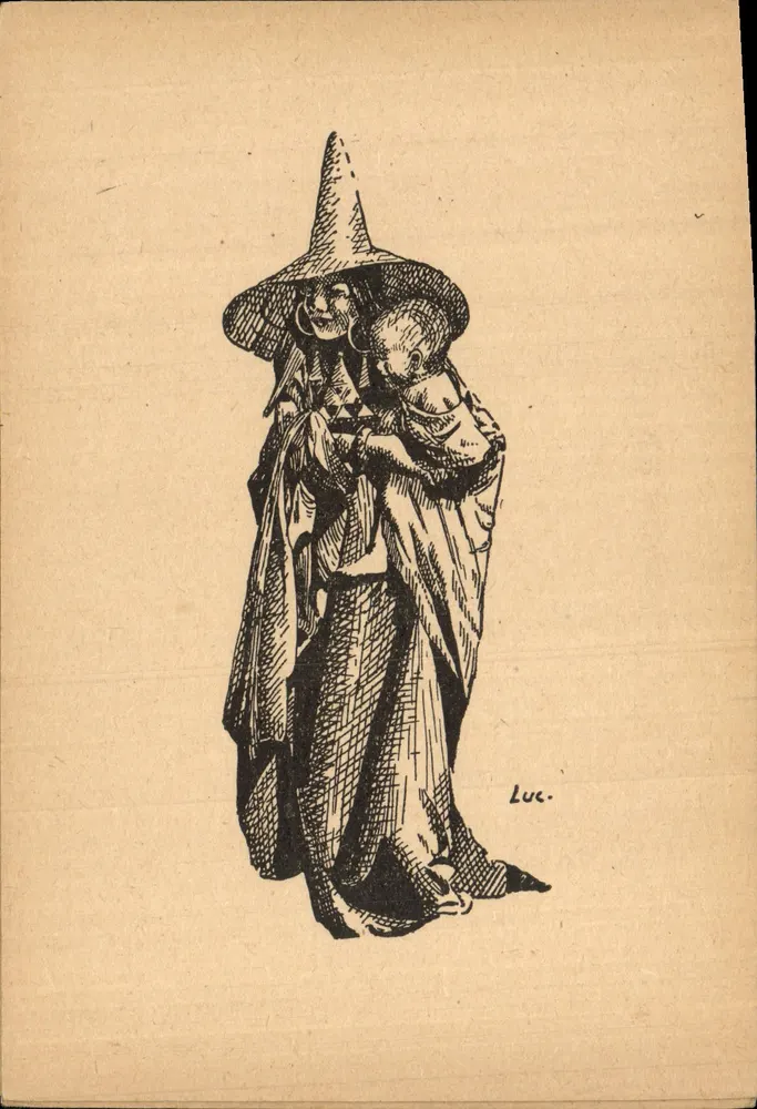 Hexe, die ein Kind hält — Illustration — Luc. - Vorderseite