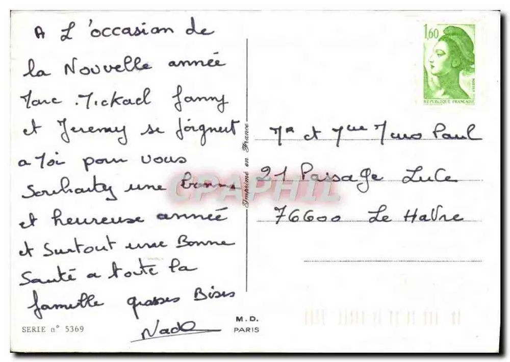 Vilarejo nevado — Nova Ano — Impressa na França, série n° 5369 - Verso