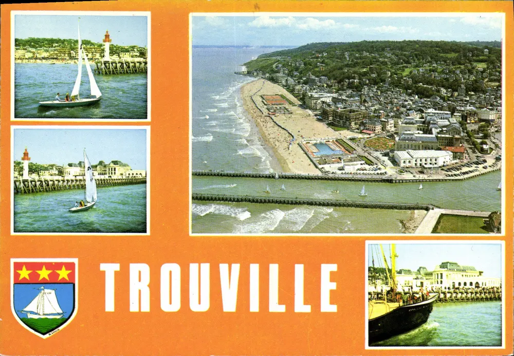 Trouville — vue aérienne et scènes de plage et de voile — éditeur S.A.D. 3 rue Cl. Chappe, Rouen - Frente