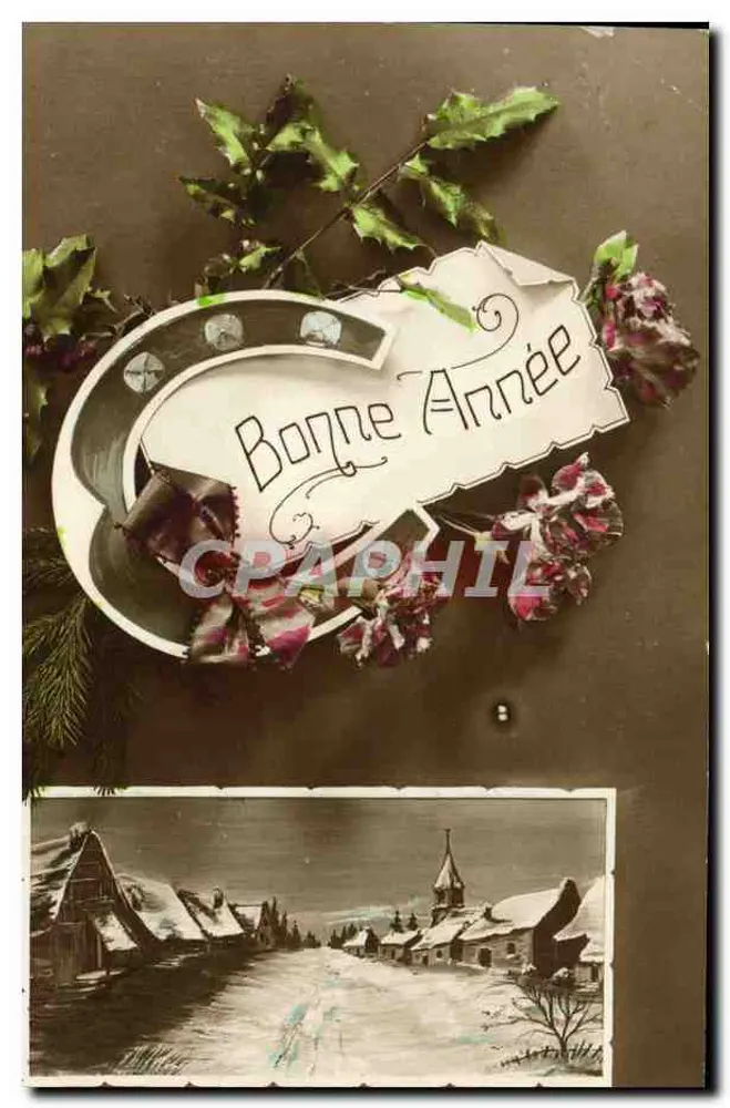 Village enneigé — vue d'hiver avec église — éditeur : 'C. L. B.' (imprimé en bas à droite du dessin) - Recto