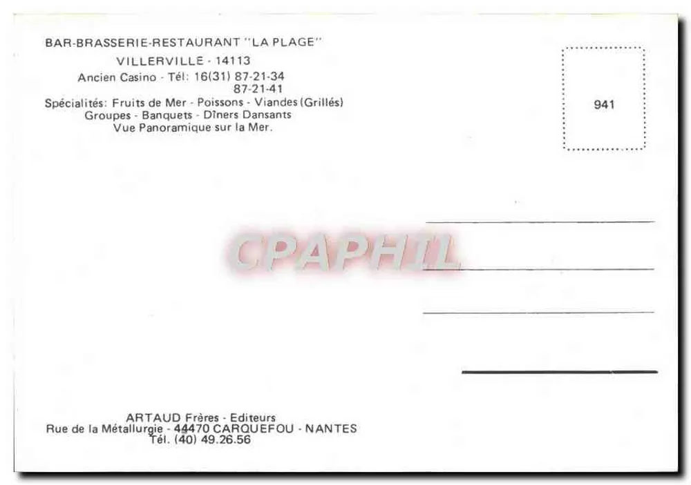 Restaurante da Praia — Villerville — editor ARTAUD Frères - Verso