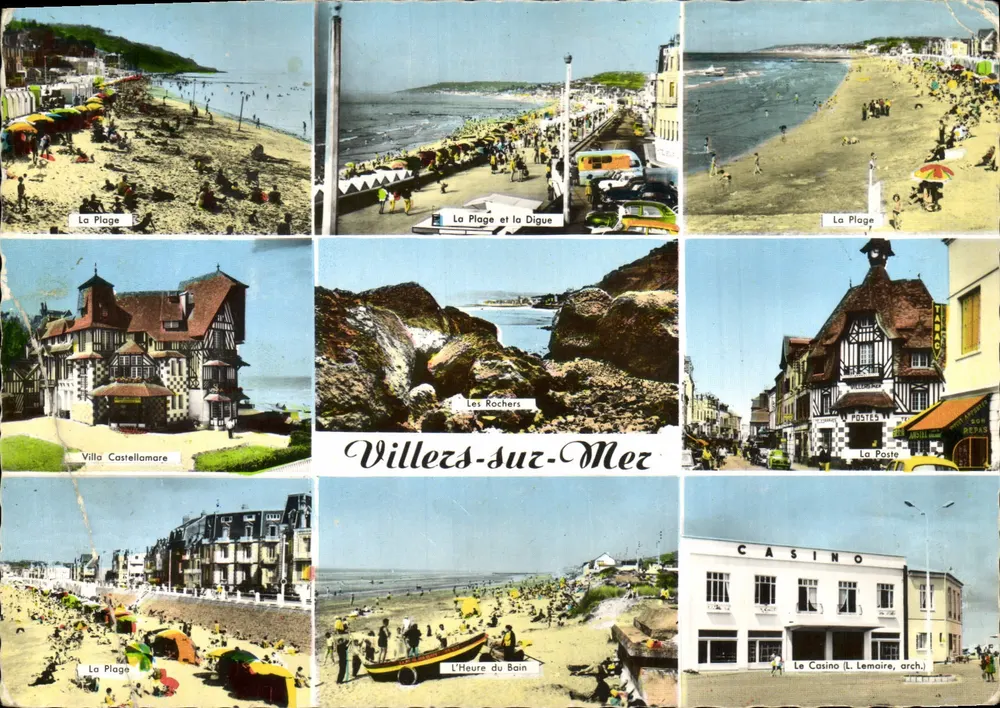 Villers-sur-Mer — Panoramablick auf den Strand, den Damm, die Felsen, das Hotel Castellamore, das Casino und das Postamt — Verleger Réal-Photo - Vorderseite