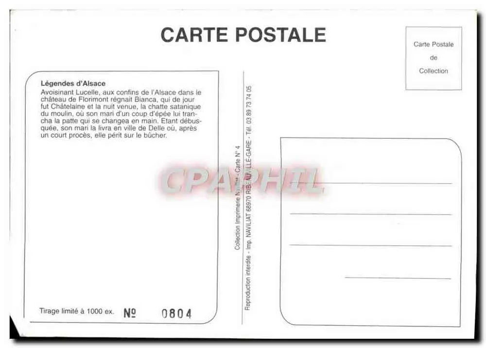 Châtelaine de Florimont — légende alsacienne avec chat et épée — éditeur NAVILAT, n° 0804 - Verso