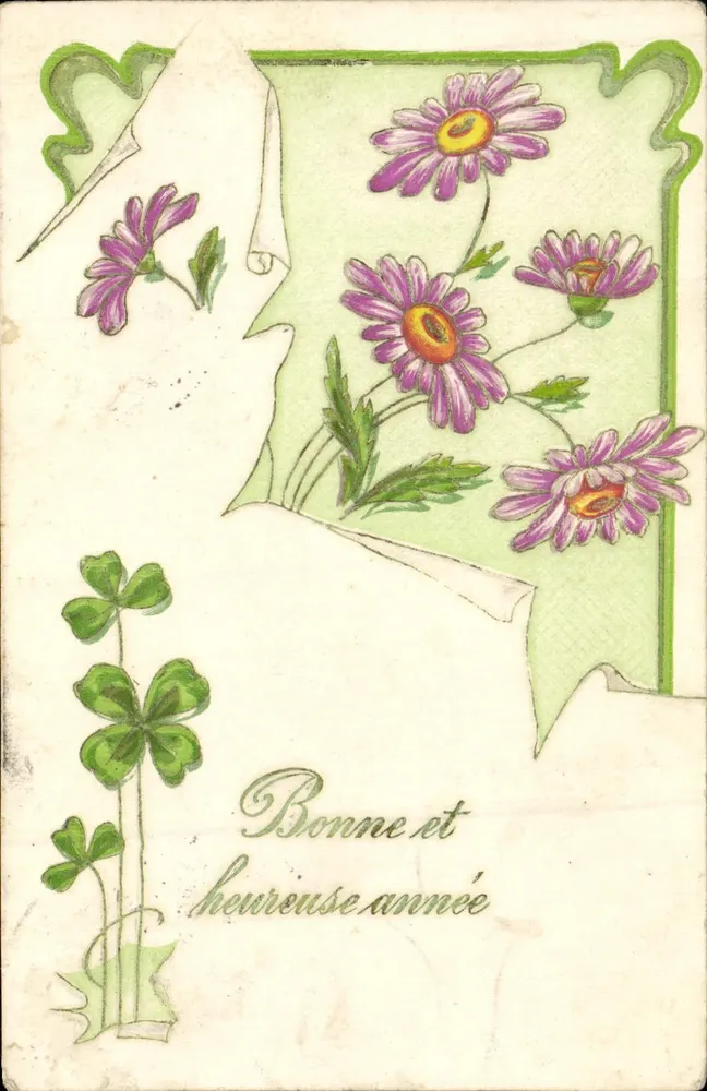 Violette Blumen und Klee — Frohe Weihnachten — Französische Karte - Vorderseite