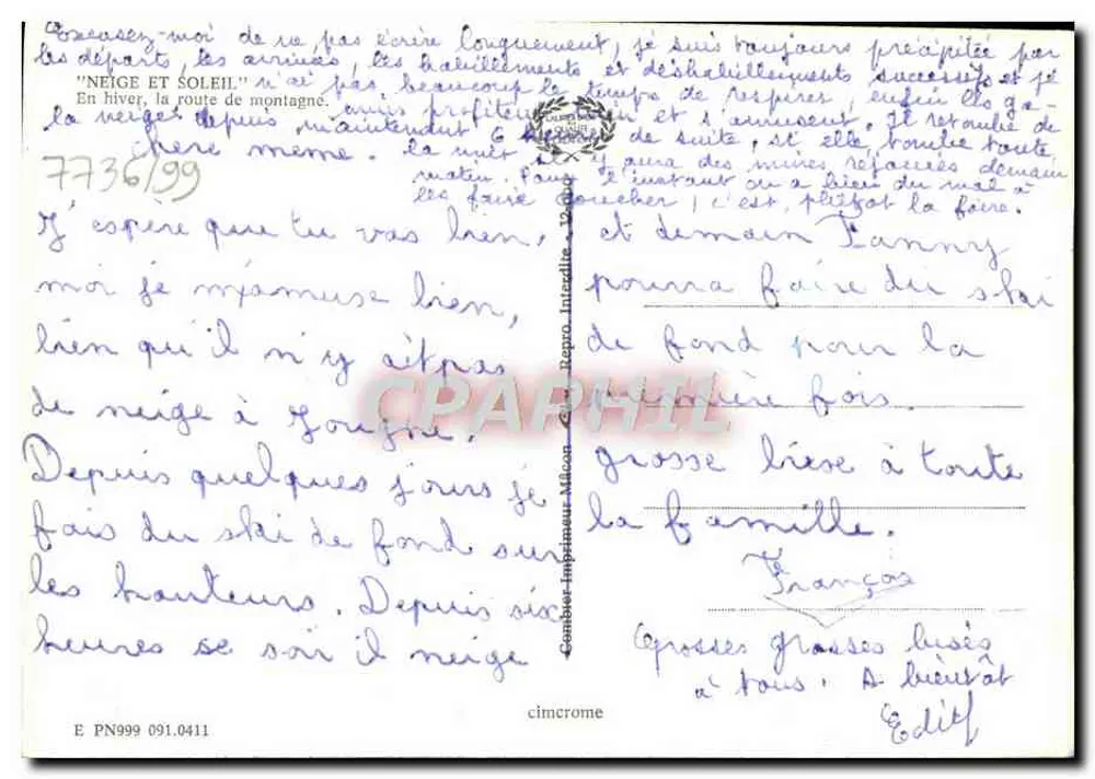 Schneestrassenzug — Schnee und Sonne — Verlag: Cimchrome, Nr. 7736/99 - Rückseite
