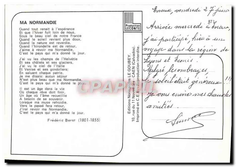Minha Normandia — poema de Frédéric Berat — Edições Normandas LE GOUBEY - Verso