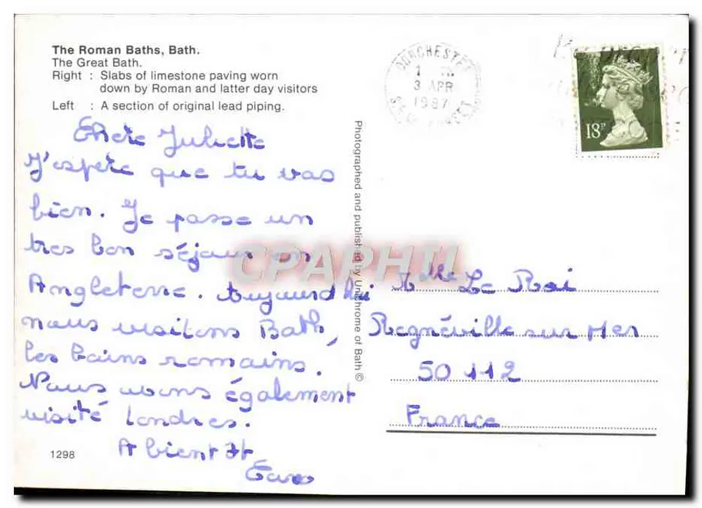 Os Banhos Romanos, Bath — vista interior e piscina — editor Unithome of Bath, n° 1298 - Verso