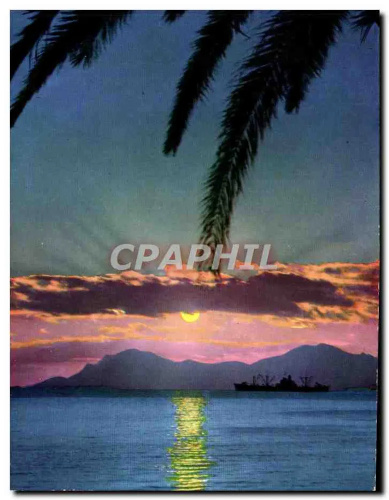 Pôr do sol mediterrâneo — vista do mar com montanhas e barco — Éditions S.E.P.T. - NICE - Frente