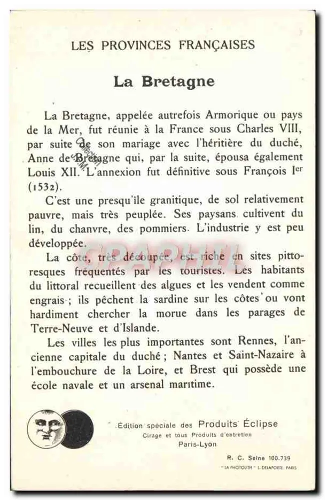 Bretagne — karta pocztowa z serii 'Les Provinces Françaises' — Wydanie specjalne Produits Éclipse - Rewers