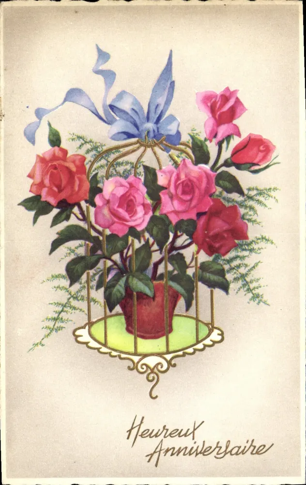 Bouquet de roses dans une cage — éditeur IMPRIMÉ SUR LA CARTE : 'M. D. PARIS' — n° de série non visible - Awers