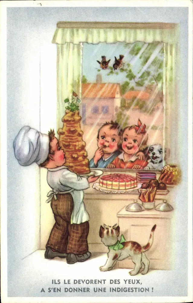 Kinder und Koch — Küchen Szene mit Kuchen — Verlag nicht sichtbar - Vorderseite