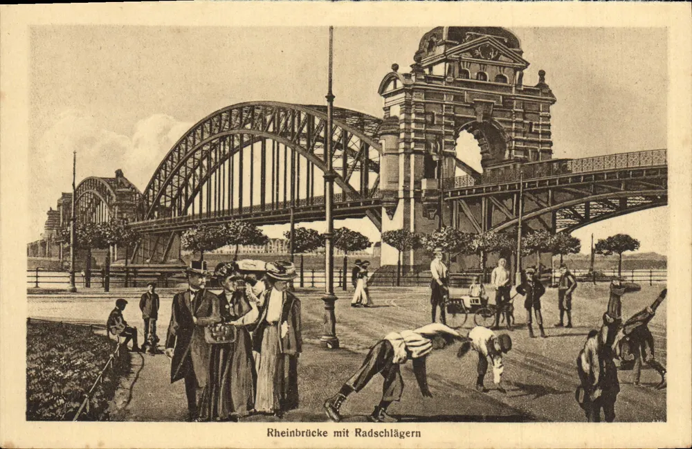 Rheinbrücke mit Rad Schlägern — Ansicht der Brücke über den Rhein mit Rad Schläger Spielern — Verlag nicht sichtbar - Vorderseite