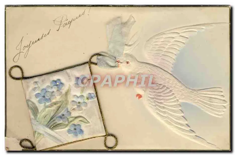 Colombe tenant un drapeau de fleurs — Joyeuses Pâques ! — éditeur non visible - Frente