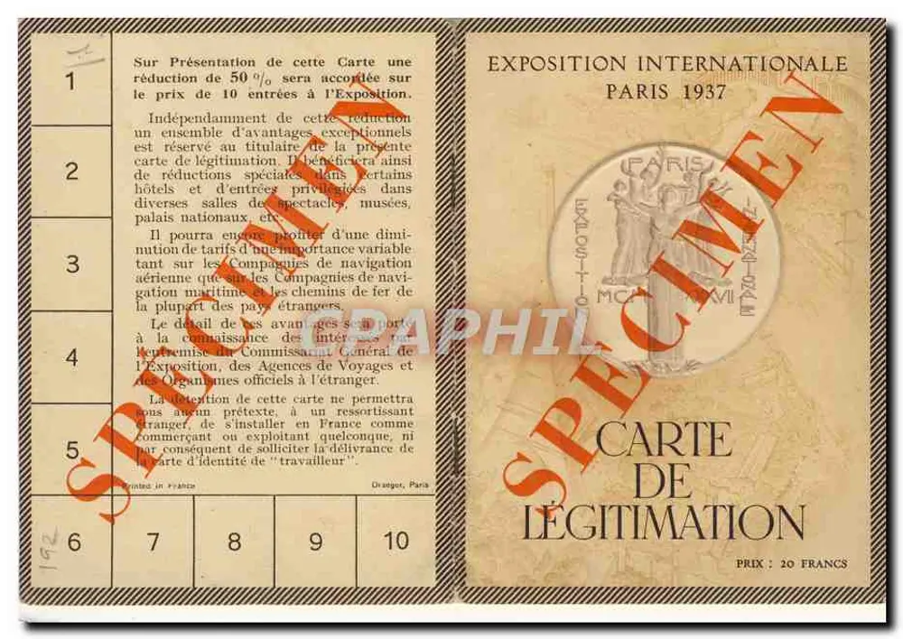 Exposição Internacional de Paris 1937 — Carte de légitimation — Specimen - Frente